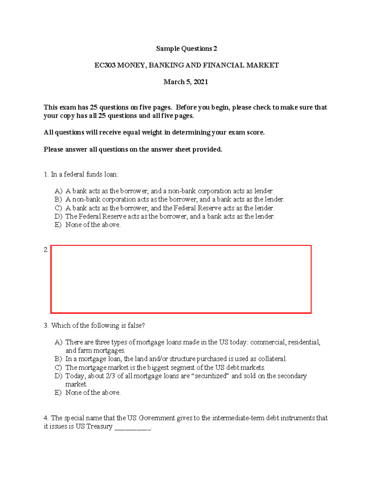 Sample Questions 2 for EC303 Midterm Exam on Money & Banking - Studocu