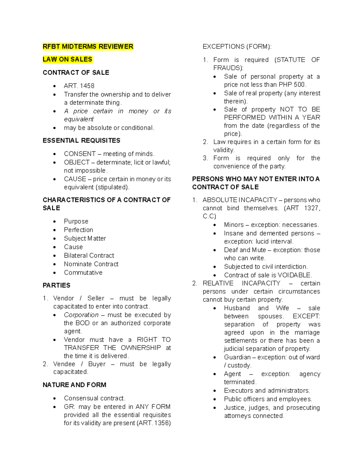 RFBT MIDTERMS REVIEWER: LAW ON SALES 1 - Key Concepts and Exceptions ...