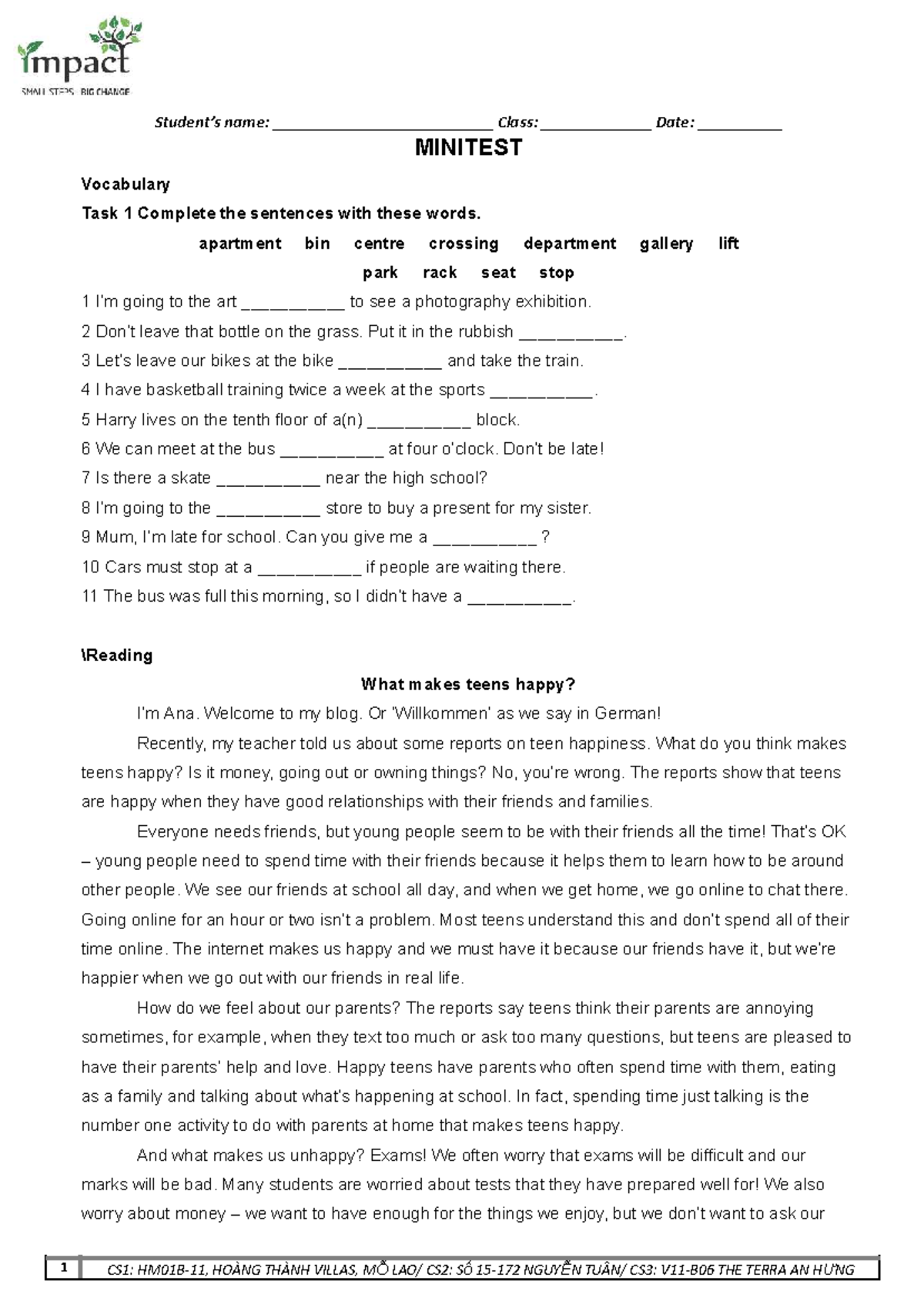 CS1: MINITEST Vocabulary Task 1 - UNIT 1 Practice Notes - Studocu