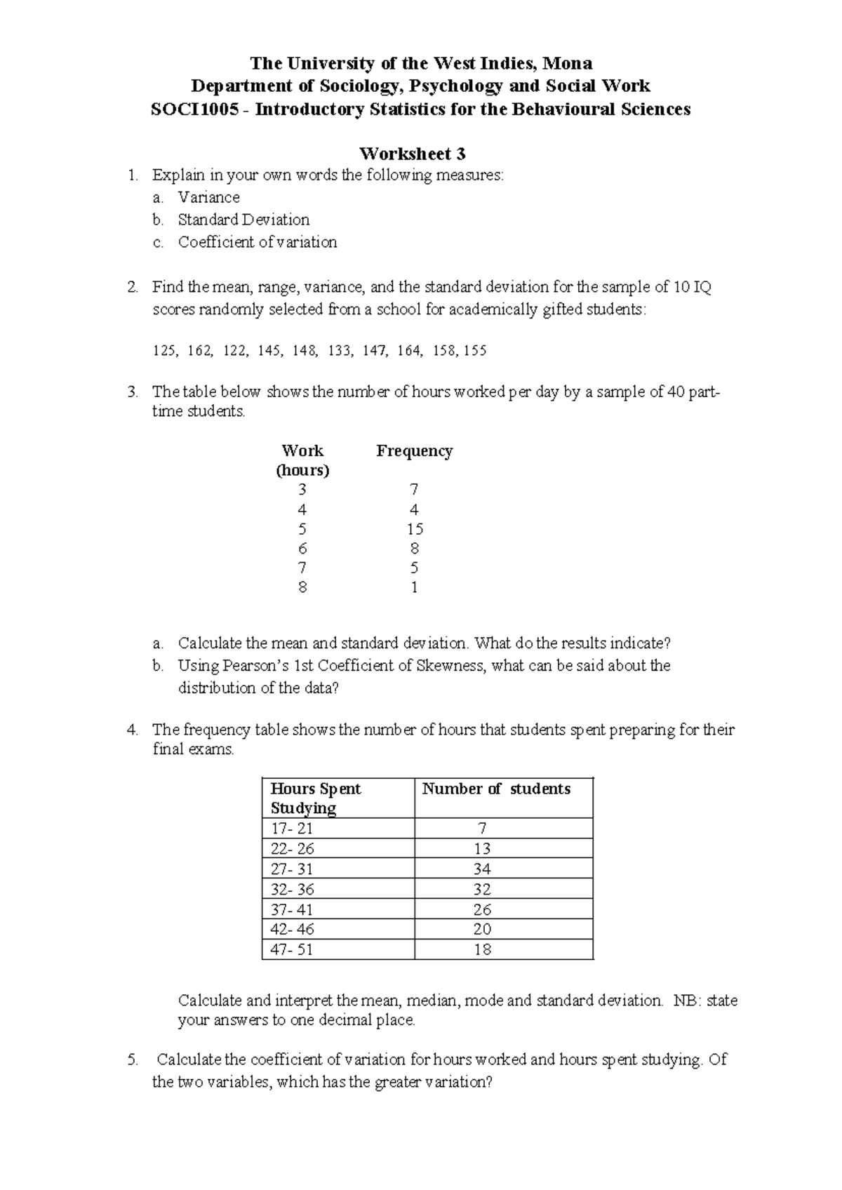 SOCI1005 Worksheet 3: Introductory Stats for Behavioral Sciences - Studocu