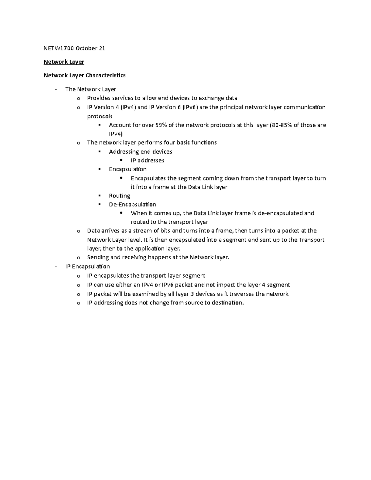 NETW1700 Lecture Notes: Understanding the Network Layer Functions - Studocu