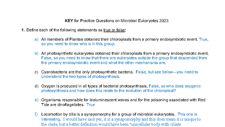 BIS 2C F25 KEY Practice on Microbial Eukaryotes: True/False Questions ...