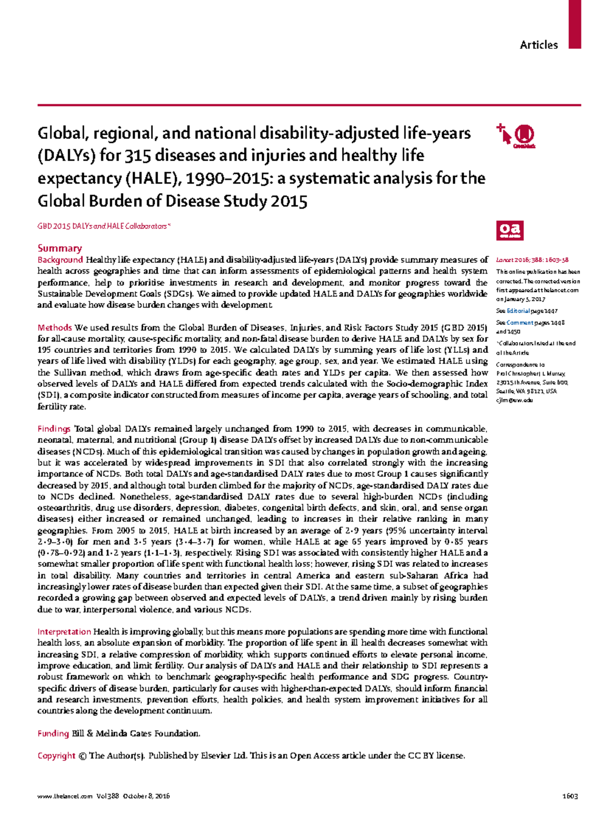 Global Burden of Disease Study 2015: DALYs & HALE for 315 Diseases ...