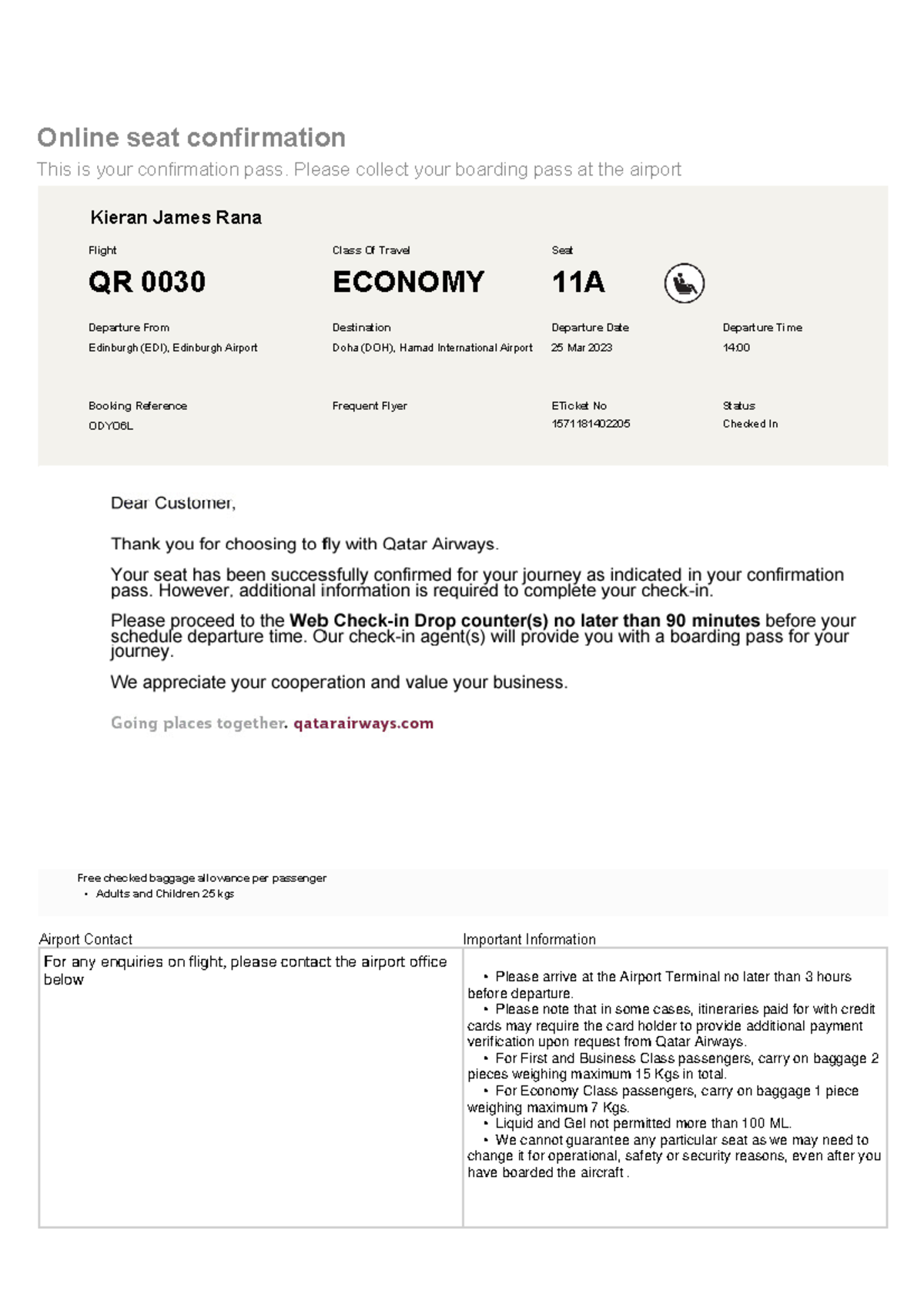 QR Flight Confirmation Pass for Kieran James Rana - Economy Class - Studocu