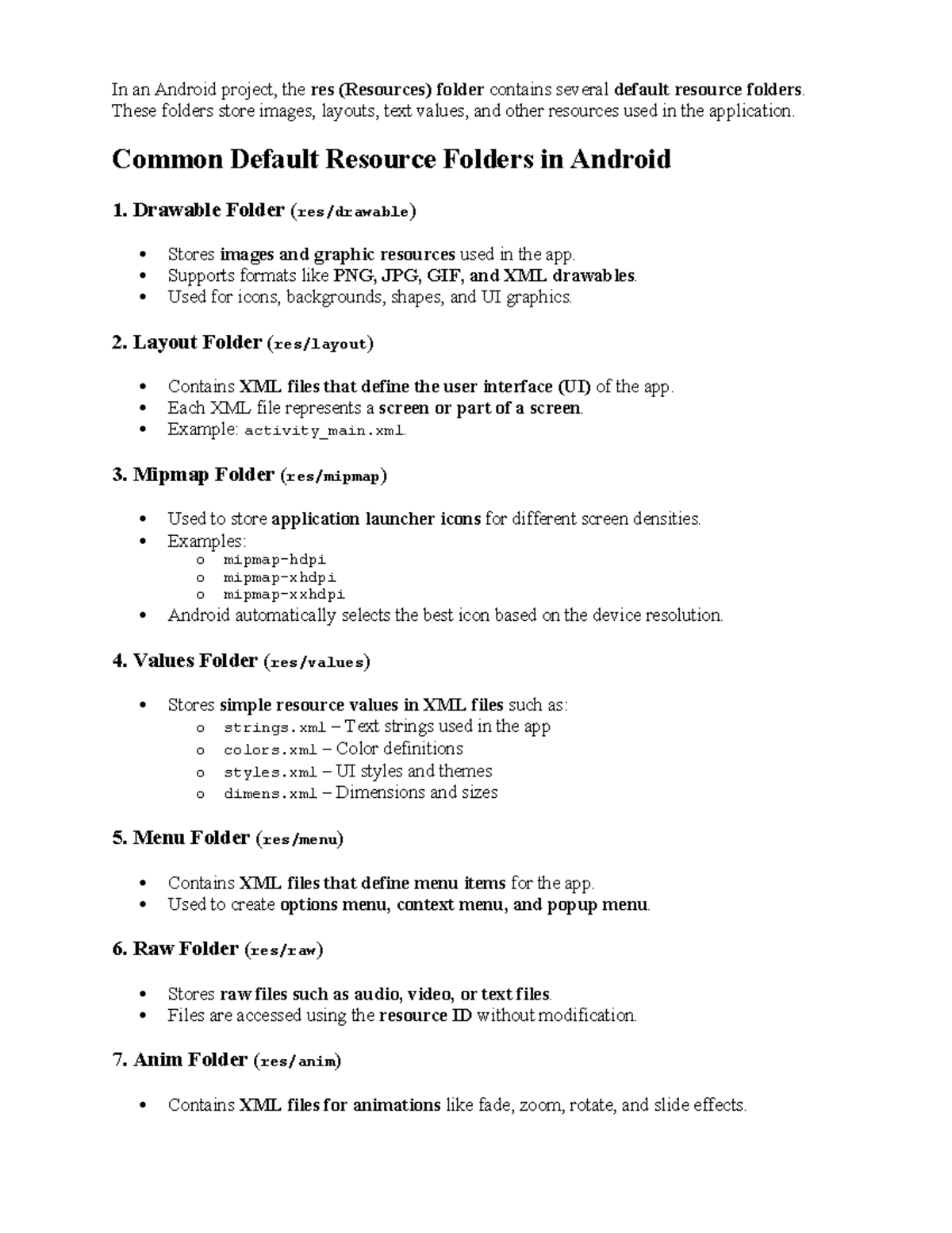 Common Resource Folders in Android - ANDROID PROGRAMMING - Studocu