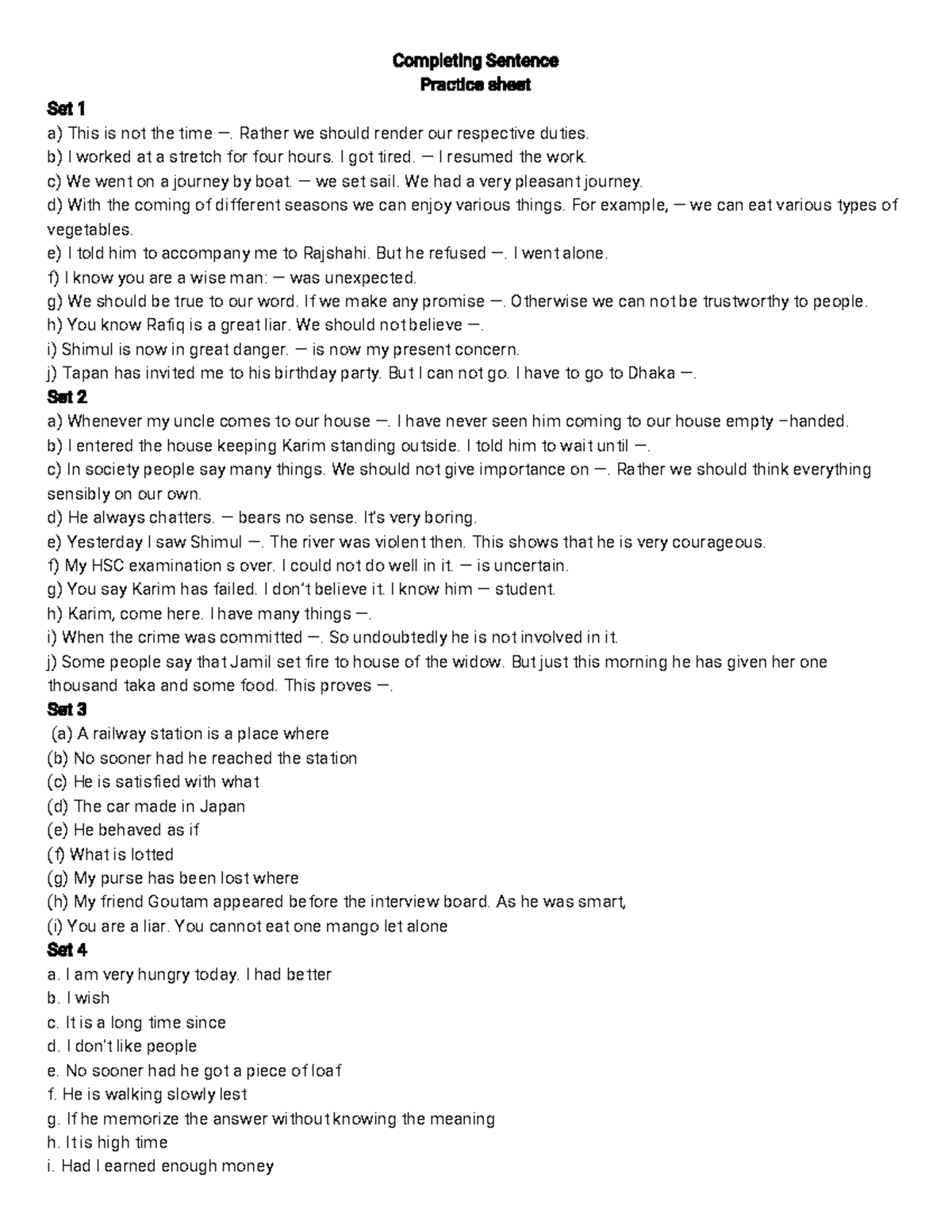 Completing sentence practice sheet - Completing Sentence Practice sheet ...