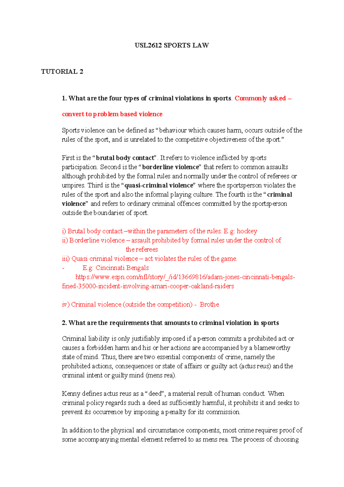 USL2612 Sports Law Tutorial 2: Criminal Violations and Liabilities in ...