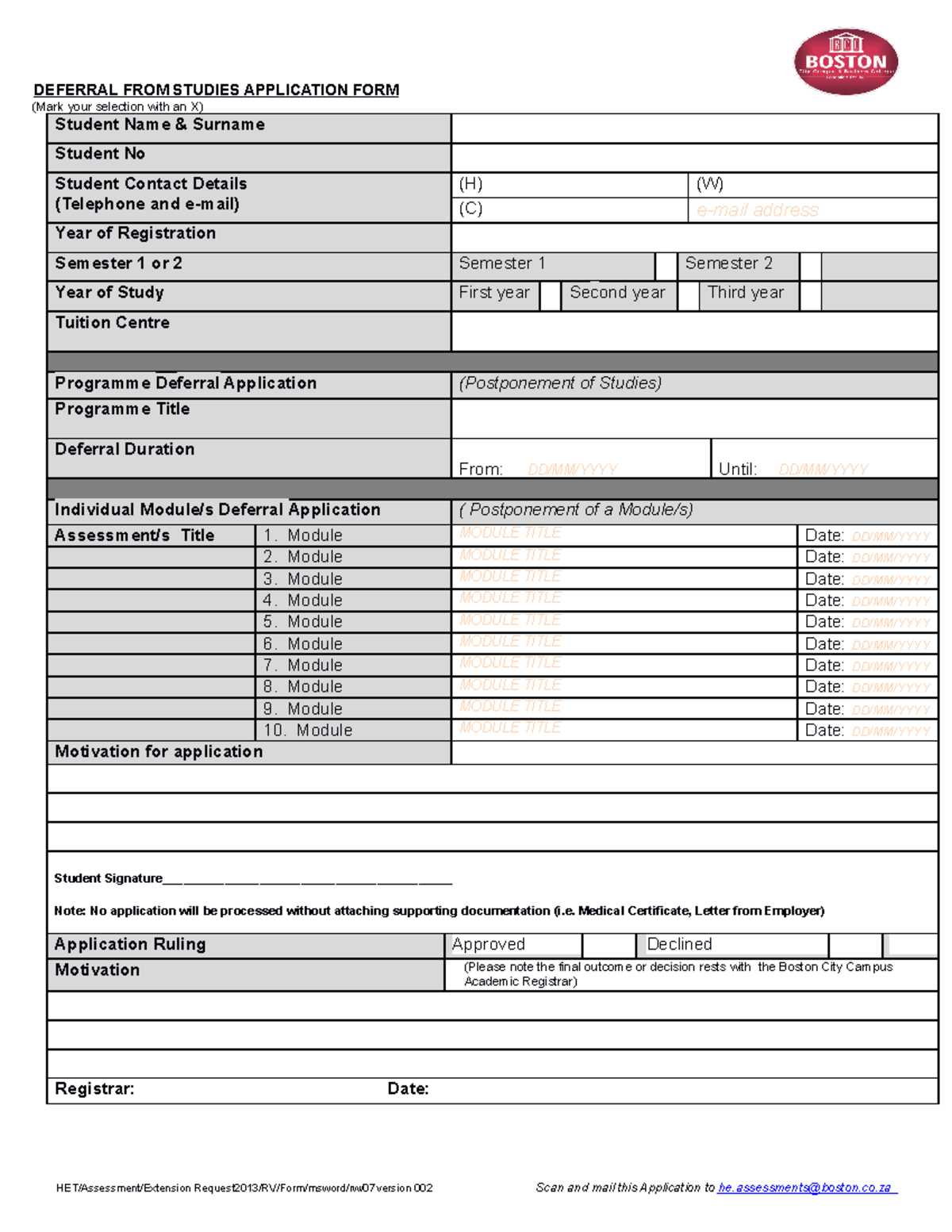 Deferral from Studies Application Template 092014 RV Version 1 - Studocu