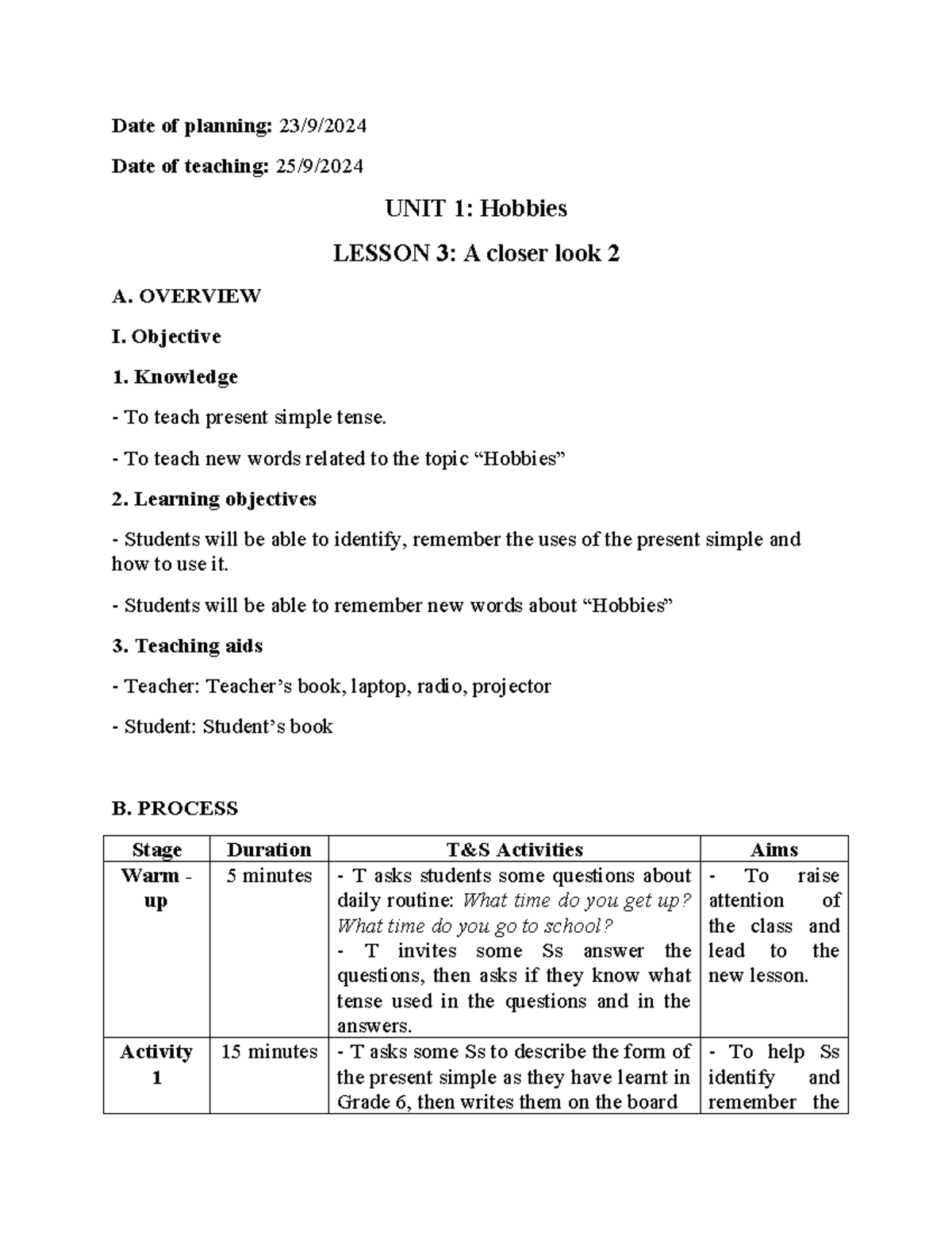 ENG 101: Lesson Plan for Unit 1 - Hobbies, Lesson 3: Present Simple ...