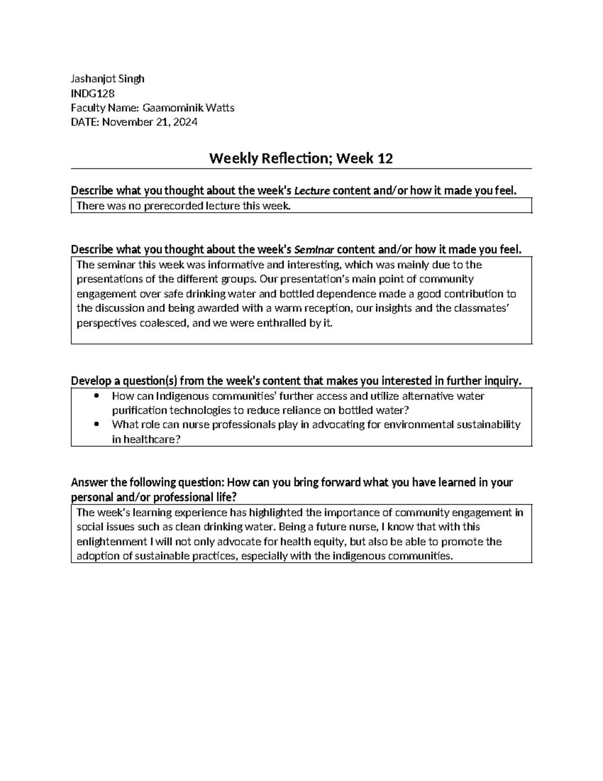 INDG Week 12 Reflection on Community Engagement & Sustainability - Studocu