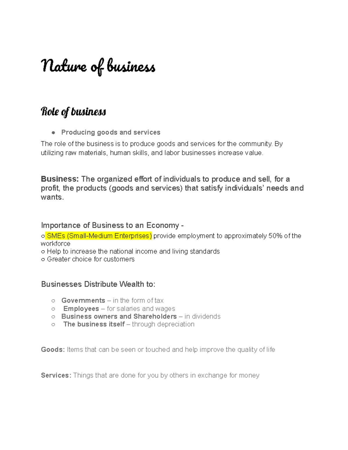Nature of business - notes i found somwhere - Nature of business Role ...