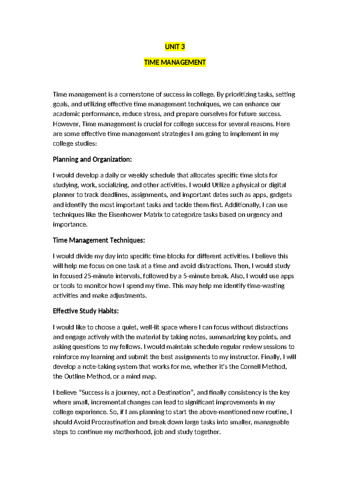UNIT 3 - Strategies for Effective Time Management (UNIV 1001) - Studocu