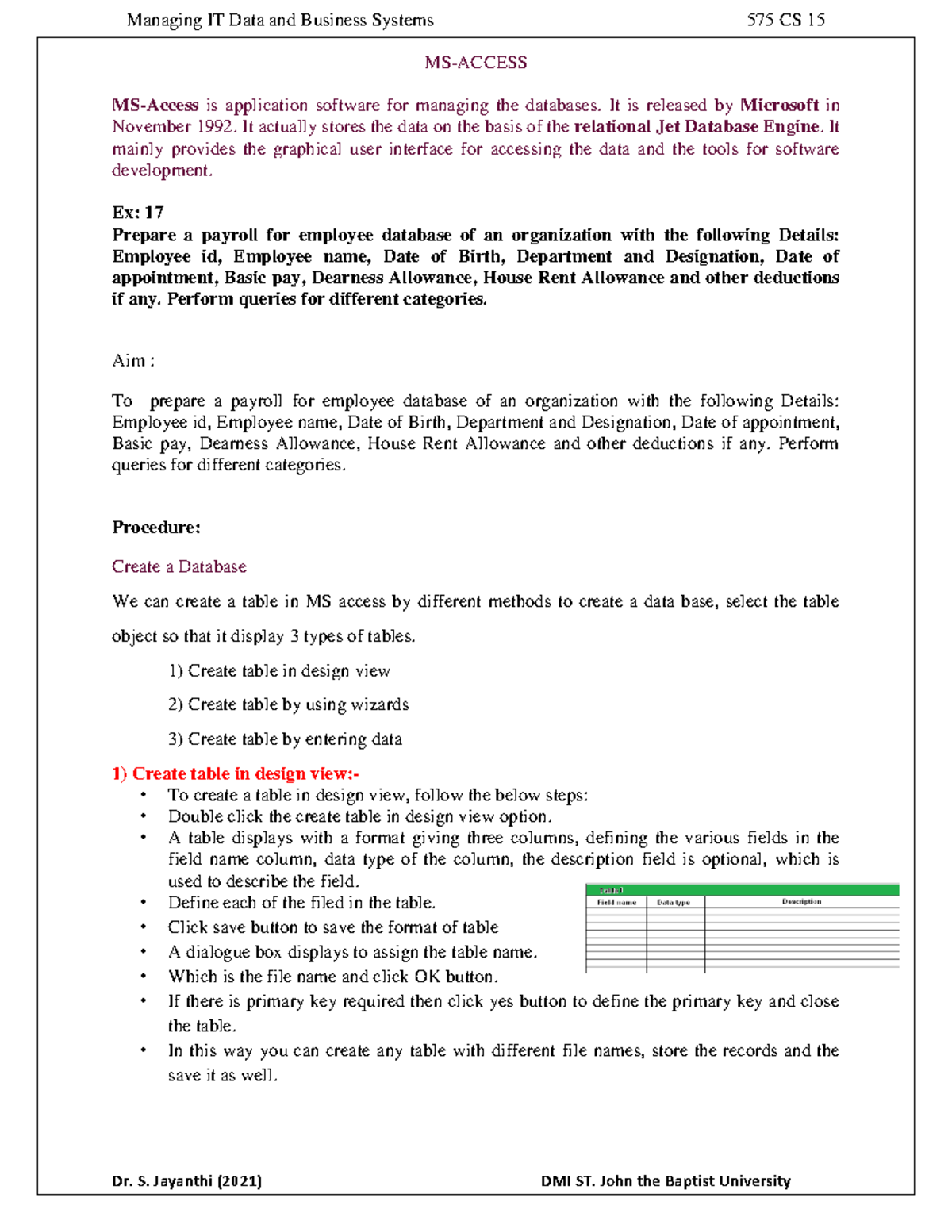 Managing IT Data and Business Systems 575 CS 15: MS Access Guide - Studocu
