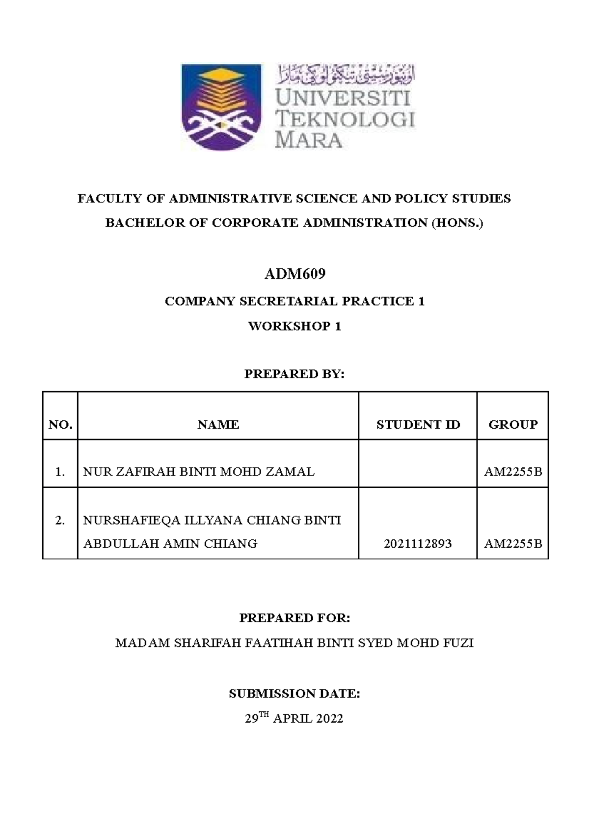 ADM609 Company Secretarial Practice 1 Workshop 1 Document - Studocu