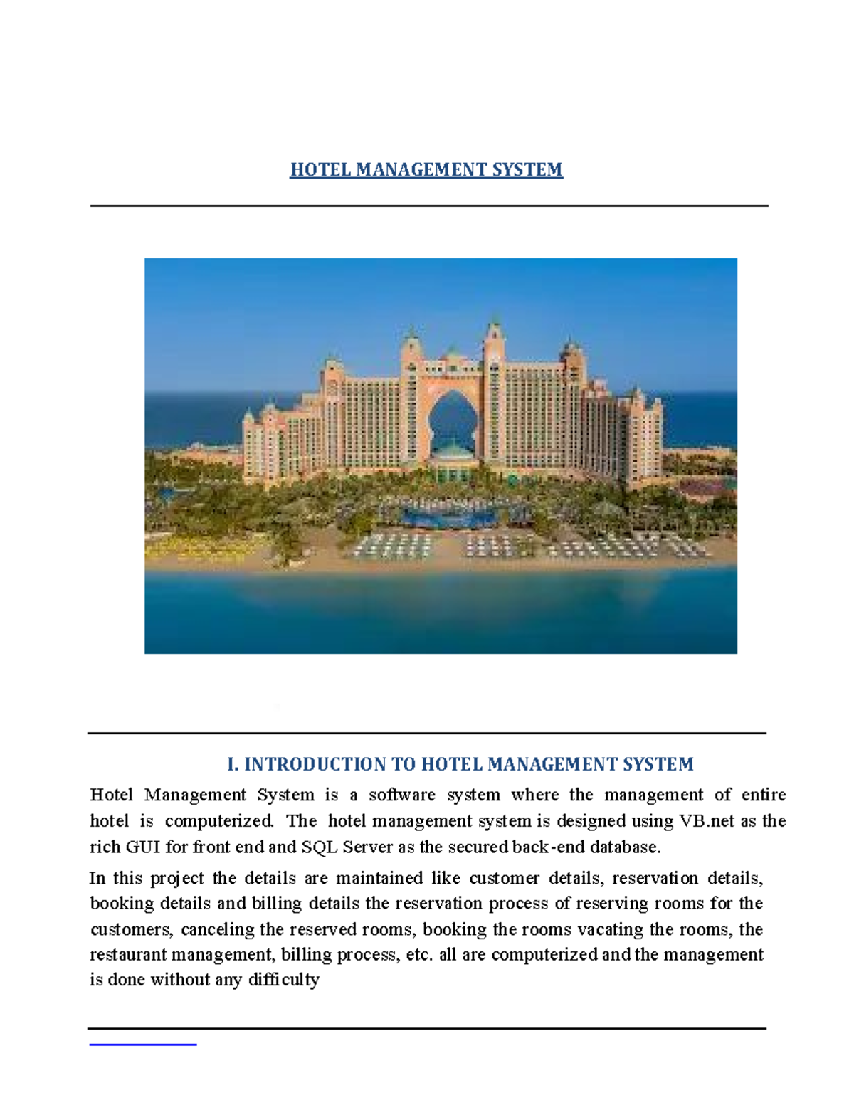 Hotel management pdf (1) - HOTEL MANAGEMENT SYSTEM I. INTRODUCTION TO ...