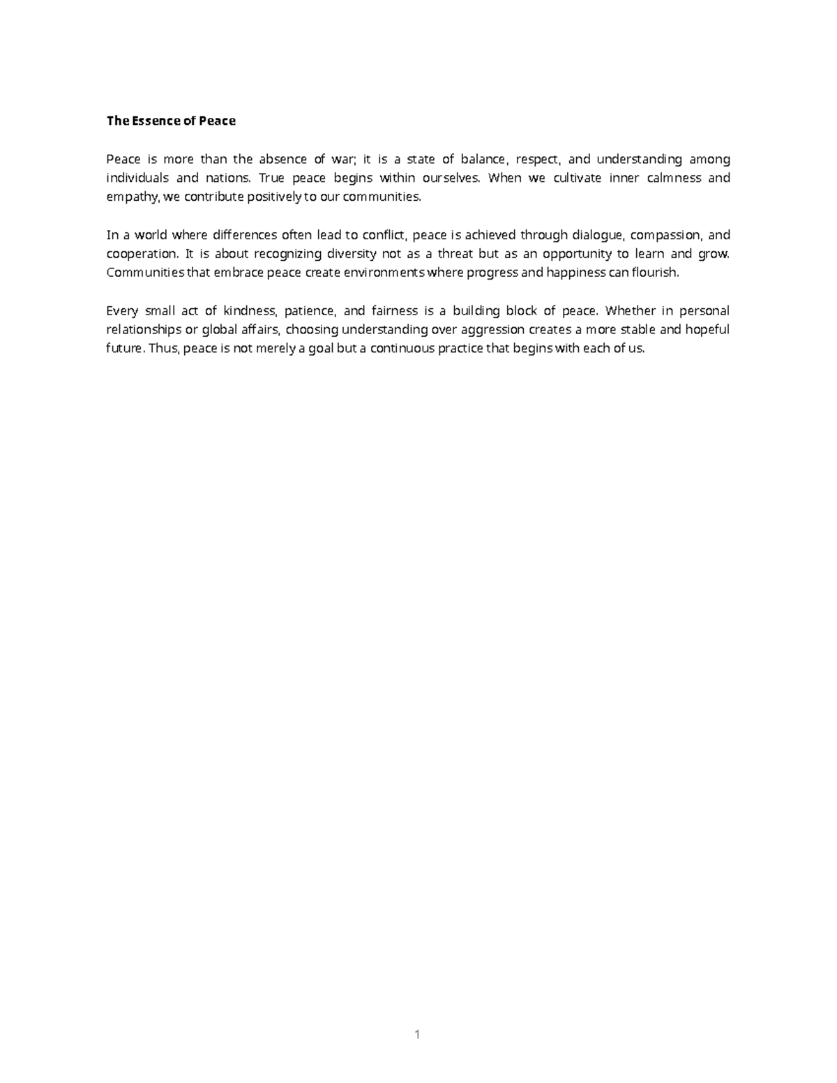 Peace Essay - The Essence of Balance and Understanding - Studocu