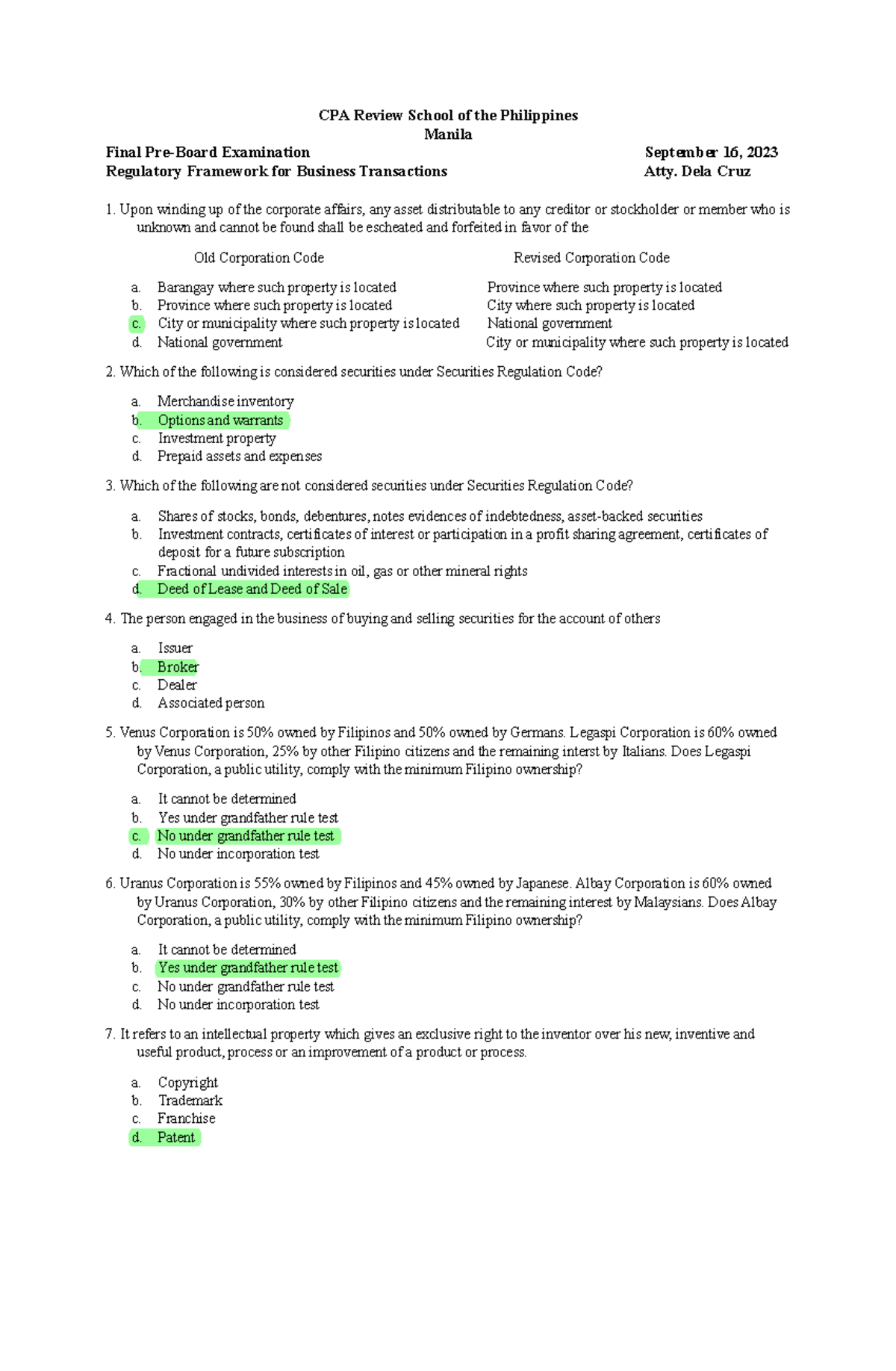 Final Pre-Board Exam Review for RFBT Batch 94 - September 2023 - Studocu