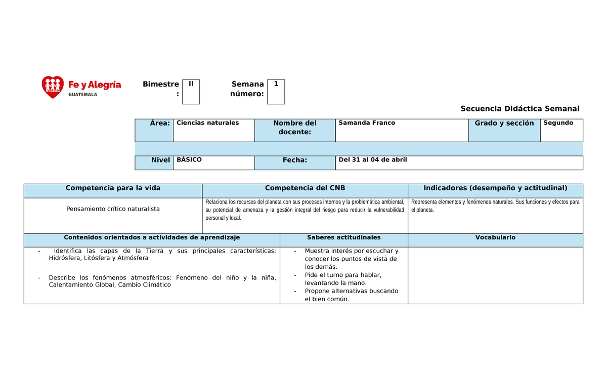 Planificación Didáctica Semanal II Bimestre CCNN 2 Básico - Studocu