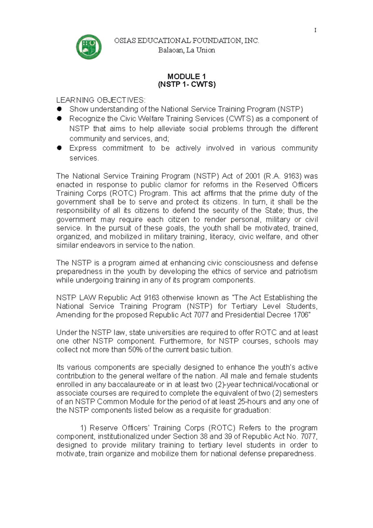 NSTP 1 CWTS Module 1: Understanding Civic Welfare Training Services ...