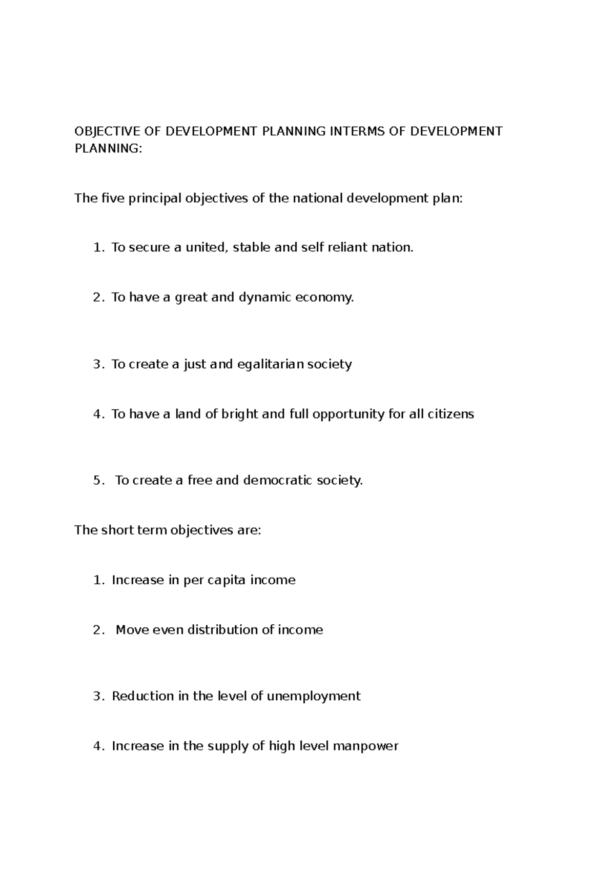 Objectives of Development Planning and Key Concepts Explained - Studocu