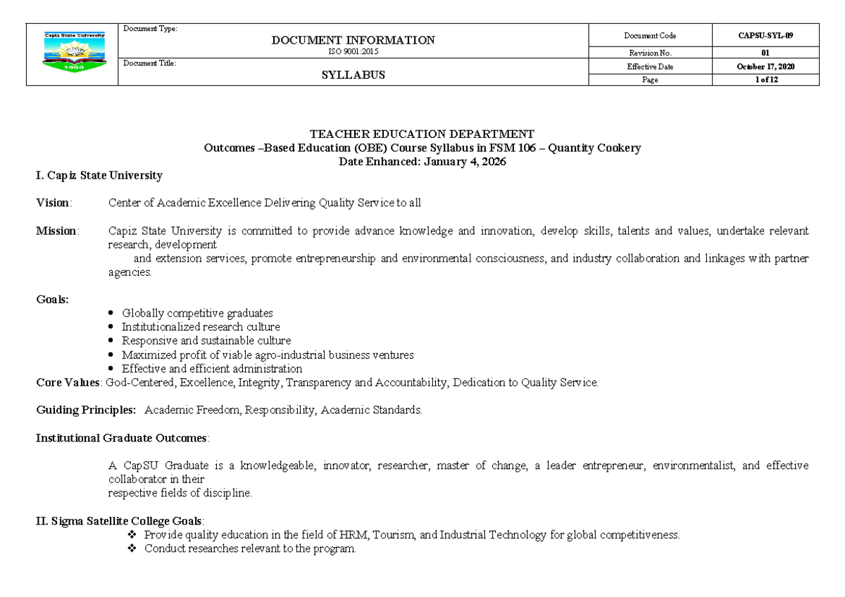 FSM 106 Syllabus: Quantity Cookery Course Overview and Outcomes - Studocu