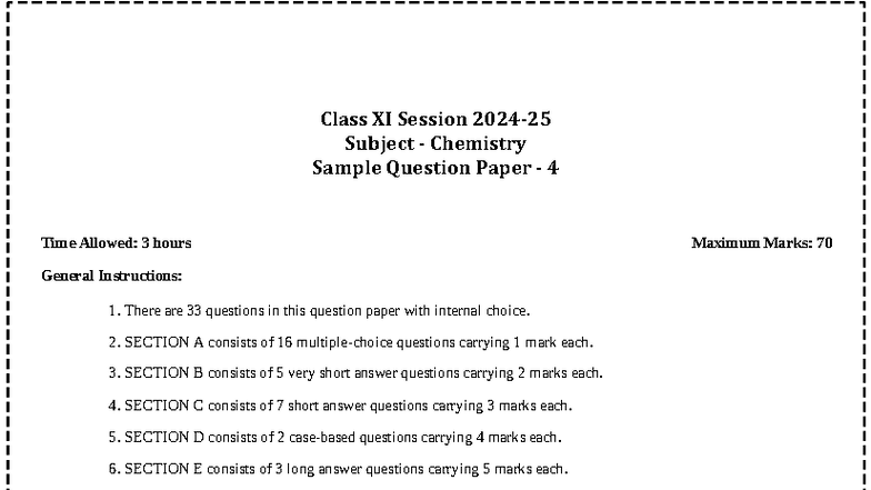 11th Chemistry Sample Question Paper 4 (Unsolved) - Studocu