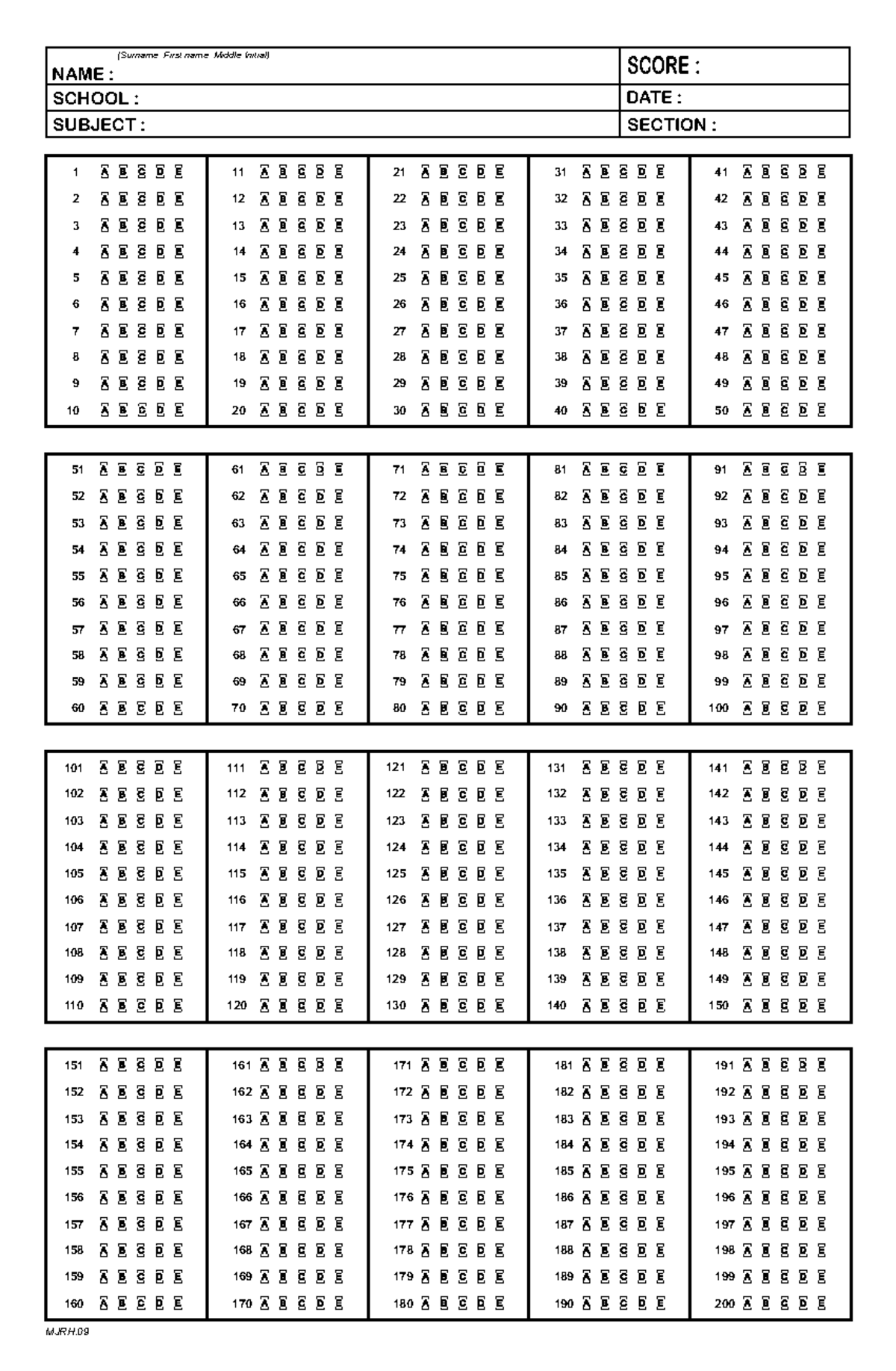 Answer Sheet 200 Items shading - 1 A B C D E A B C D E A B C D E A B C D E A B C D E A B C D E A B C - Studocu for Free Printable Answer Sheet 1 200