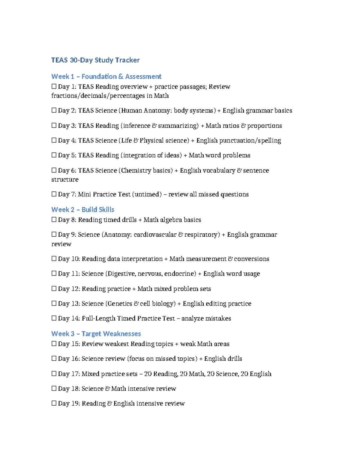 TEAS 30-Day Study Tracker: Comprehensive Weekly Overview - Studocu