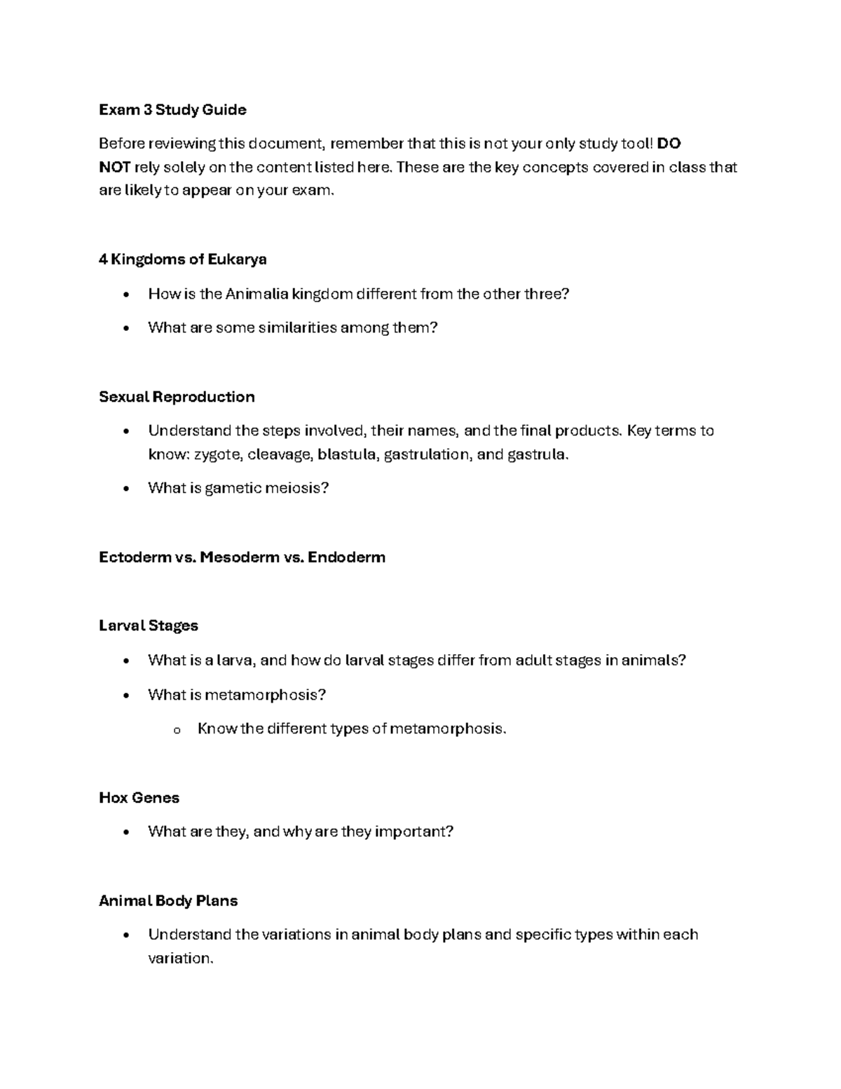 Exam 3 Study Guide - Key Concepts in Animal Biology and Development ...