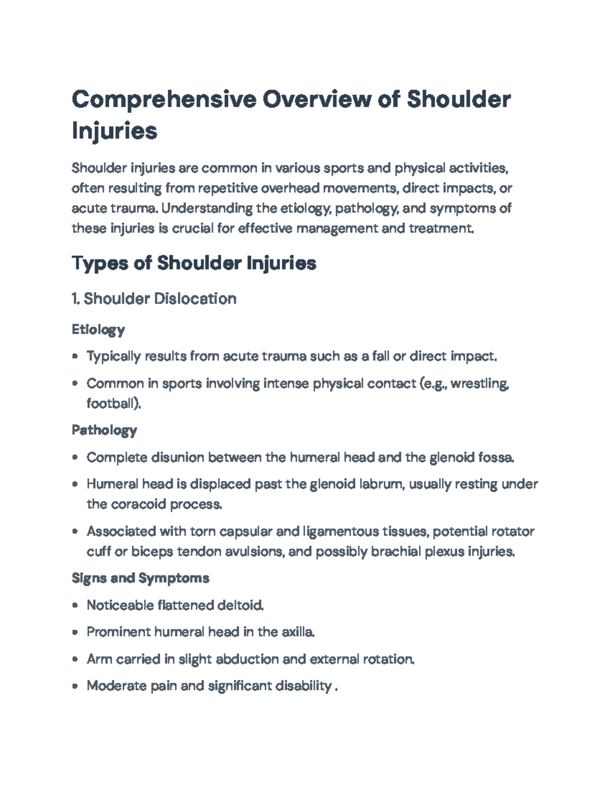 Comprehensive Overview of Shoulder Injuries: Types & Management - Studocu