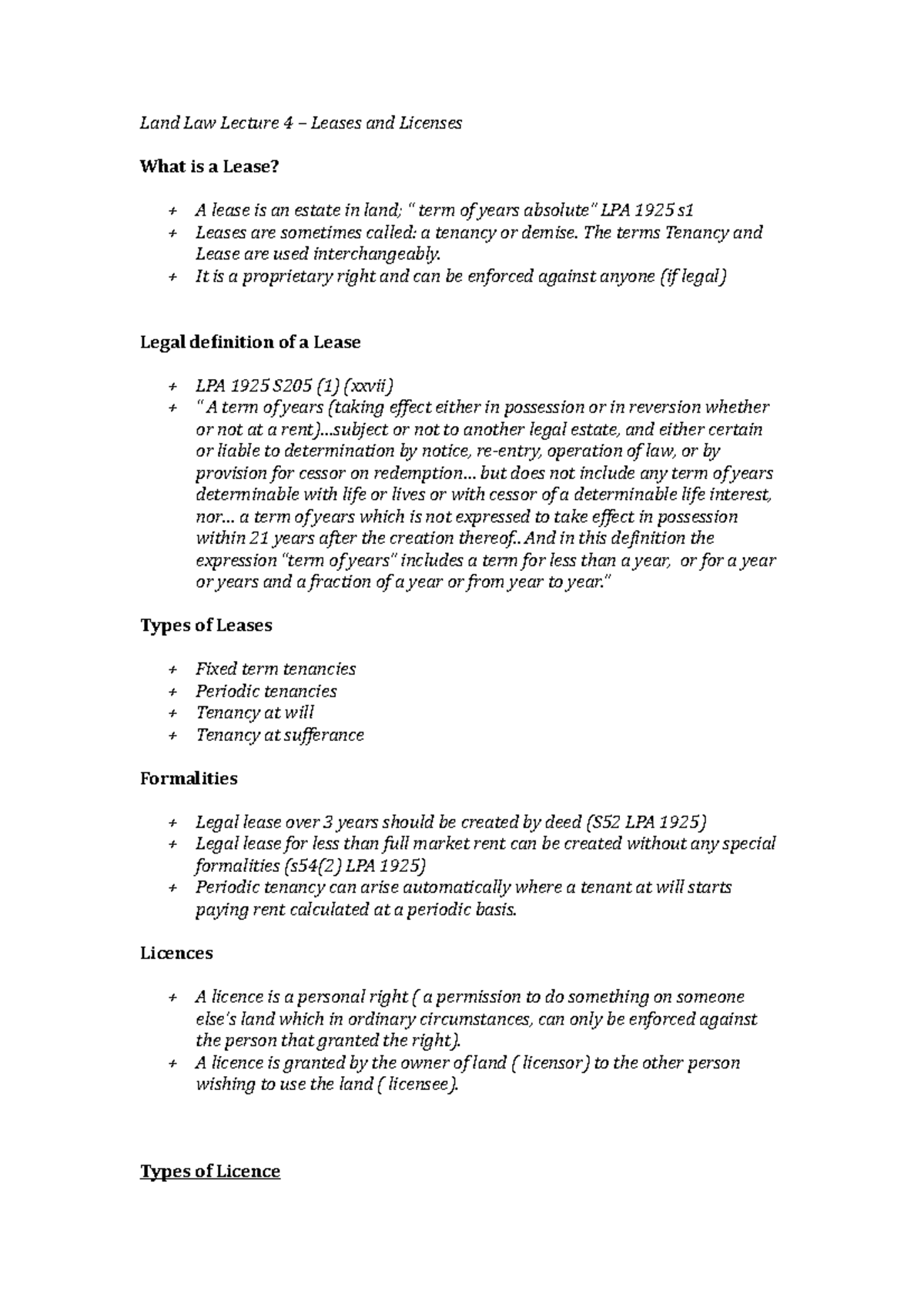 Land Law L4: Lecture Notes on Leases and Licences Explained - Studocu