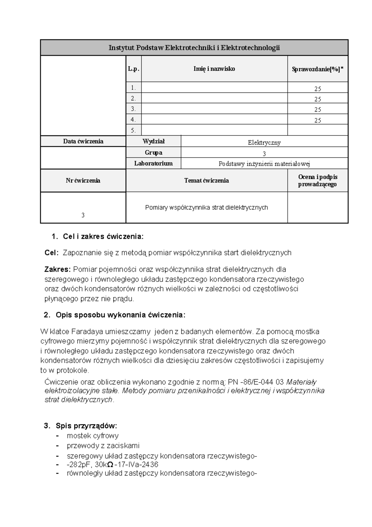 Sprawozdanie z ćwiczeń PIM: Pomiary współczynnika strat dielektrycznych - Document Preview