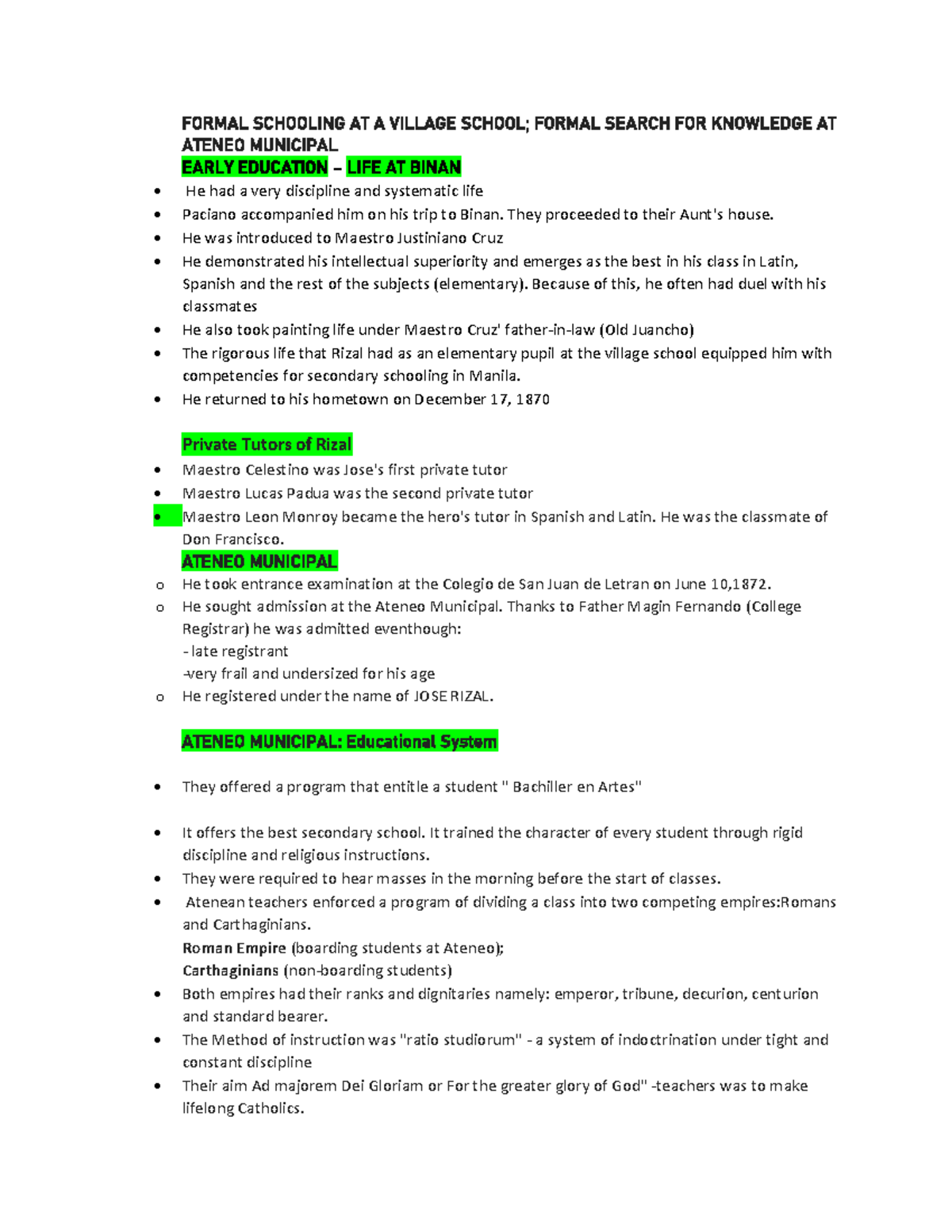 LIFE AND WORKS OF RIZAL - MIDTERM STUDY NOTES ON EDUCATION AND ...