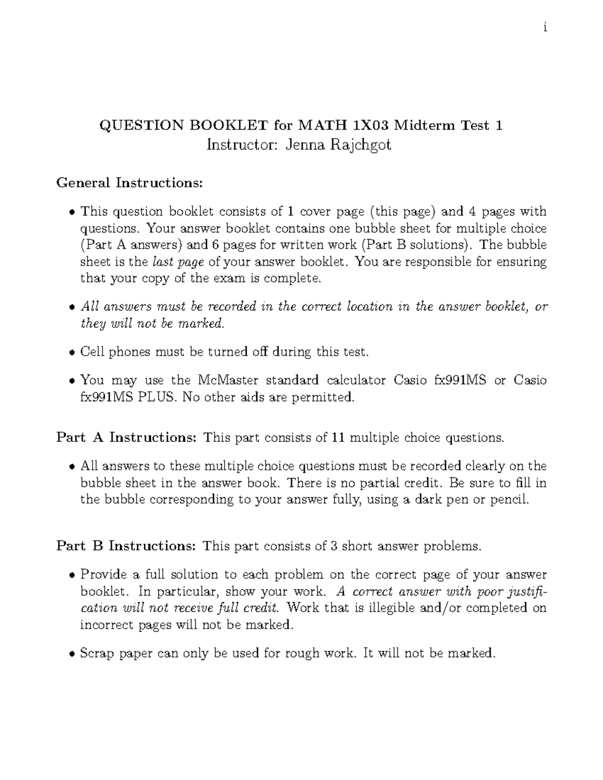 MATH 1X03 - Midterm-Test-1-Question book, pg 1 - Math 1X03 - McMaster ...
