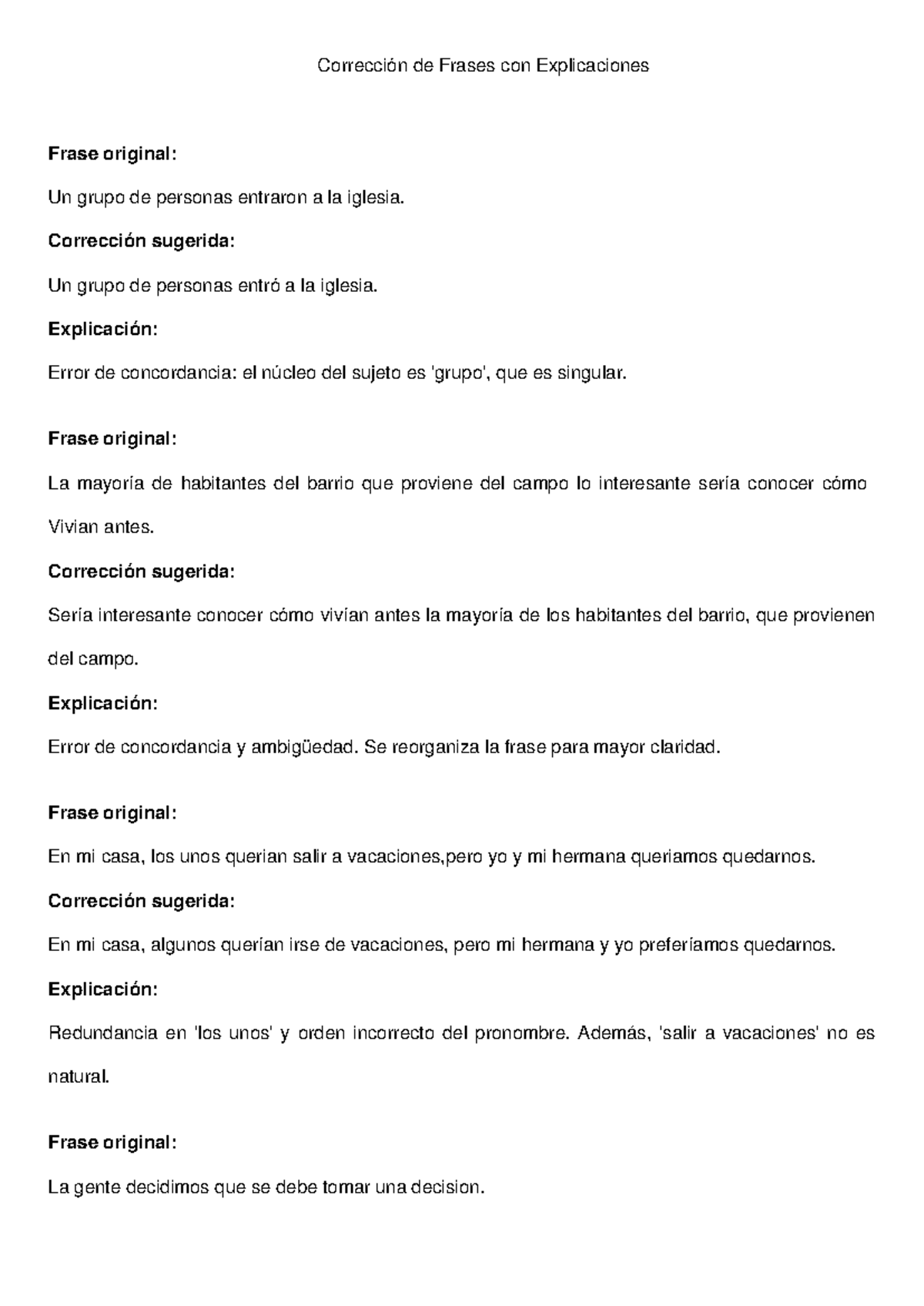 Correccion de Frases con Explicaciones - Corrección de Frases con ...