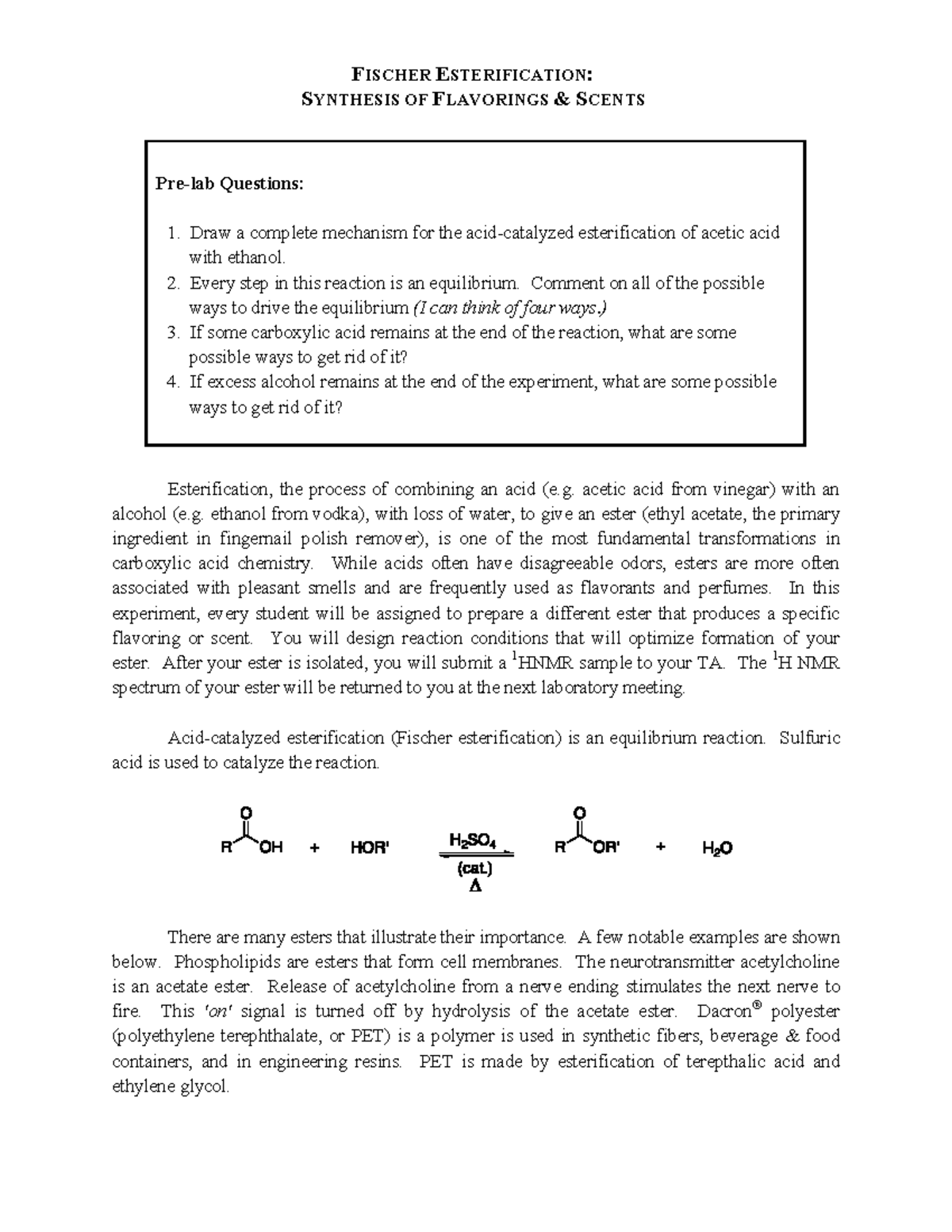 FISCHER ESTERIFICATION: Synthesis of Flavorings & Scents Experiment ...