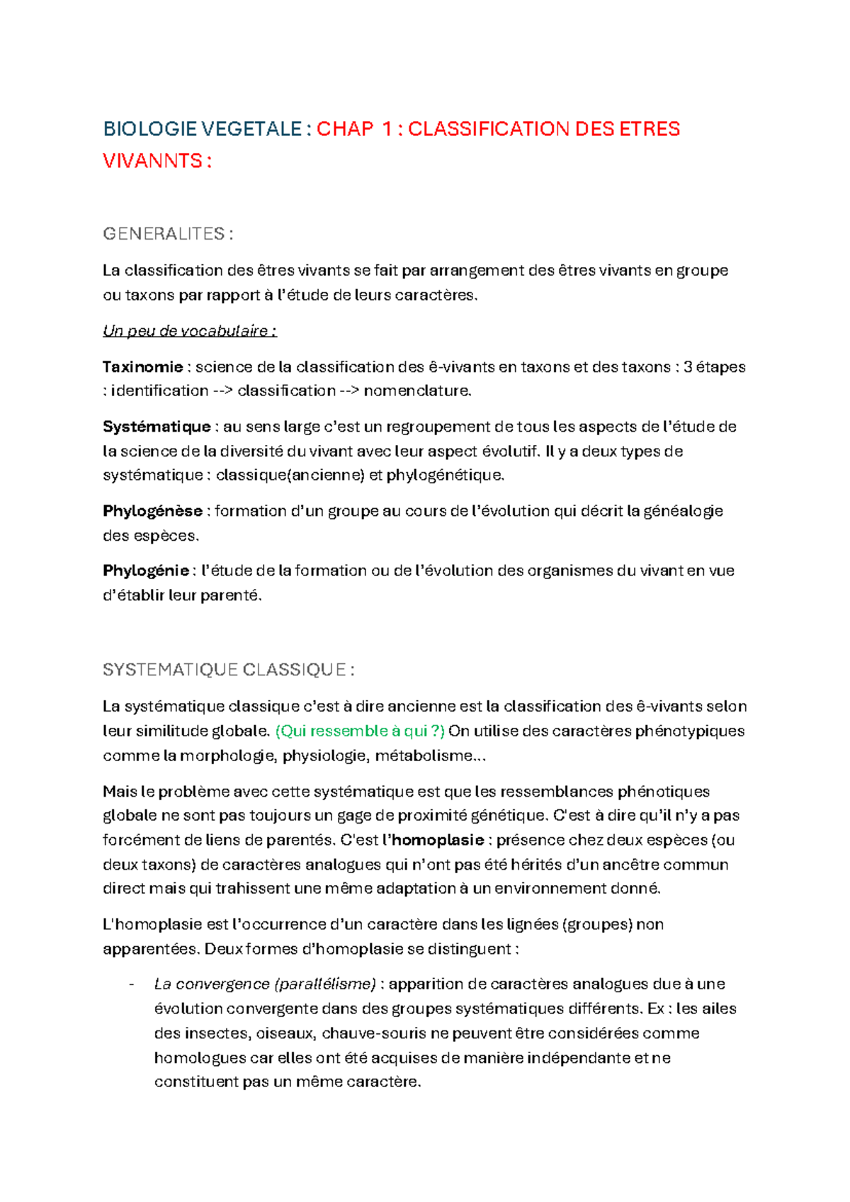BIOLOGIE VEGETALE : CHAP 1 - CLASSIFICATION DES ETRES VIVANTS - Studocu