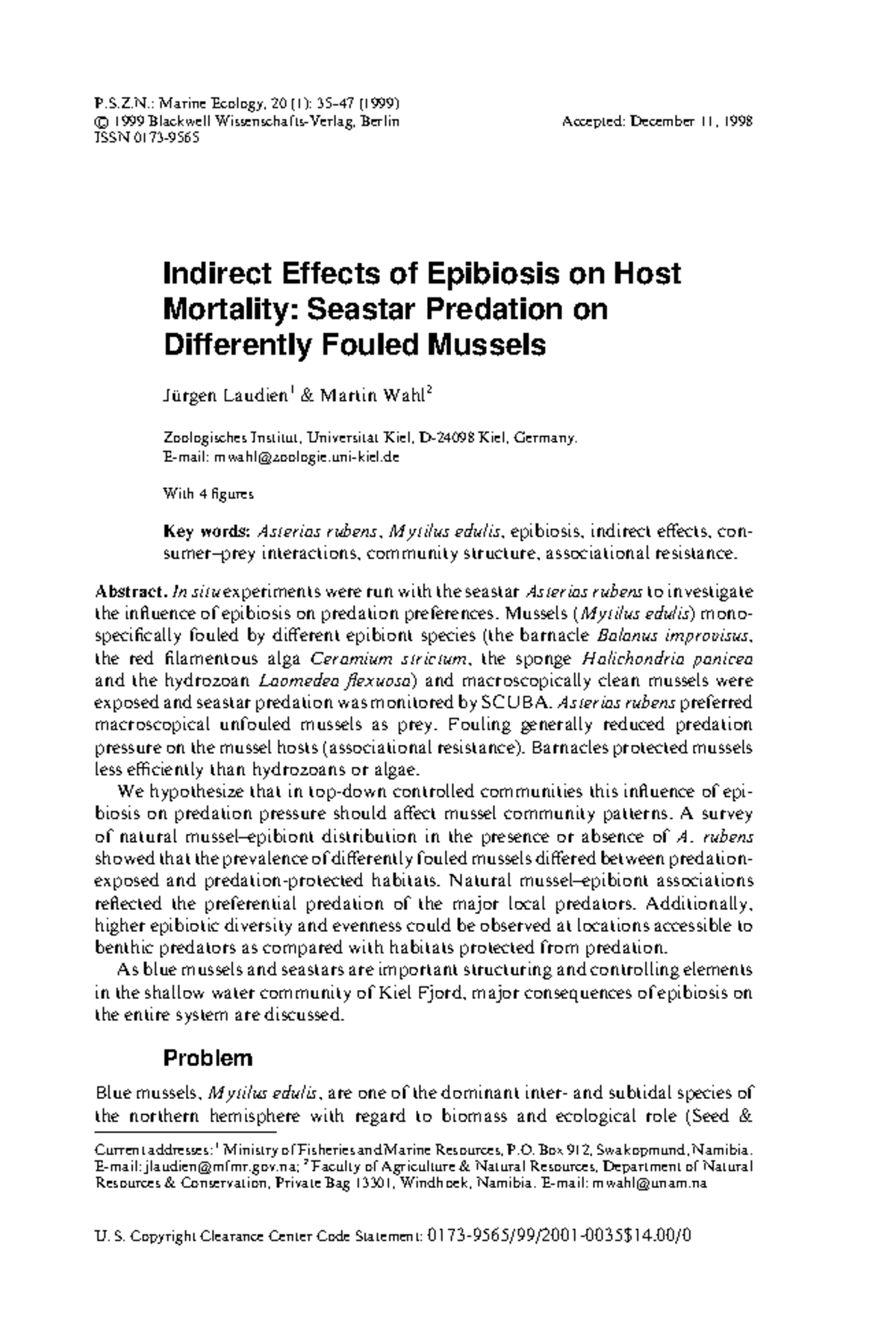 Indirect Effects of Epibiosis on Seastar Predation of Mussels - P[S[Z[N ...