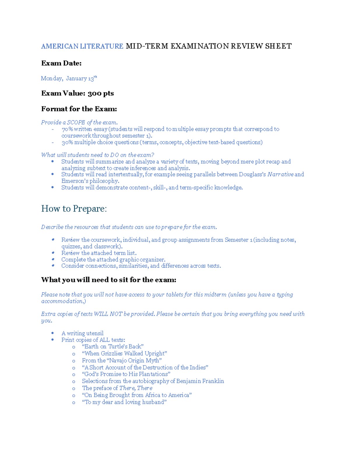 Midterm Review Guide - good - AMERICAN LITERATURE MID-TERM EXAMINATION ...