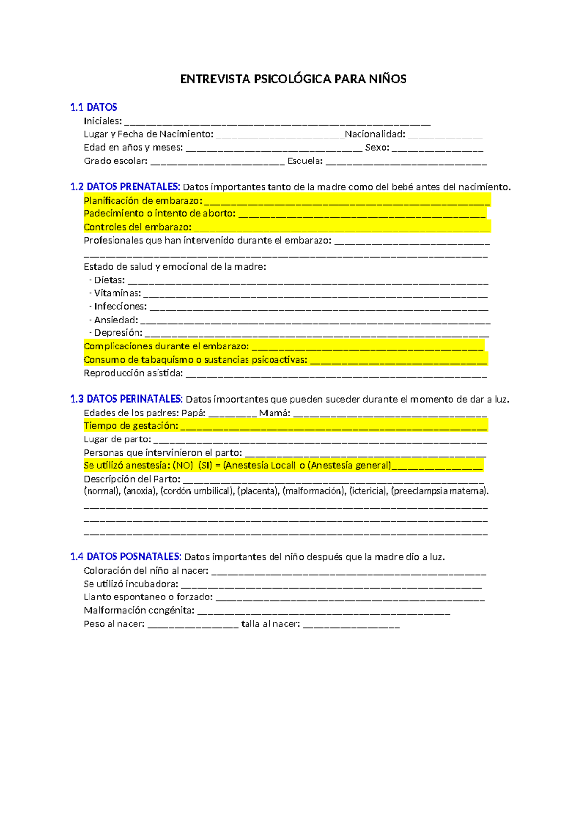 Formato de Anamnesis Psicológica Infantil - Psicología 6 - Document Preview