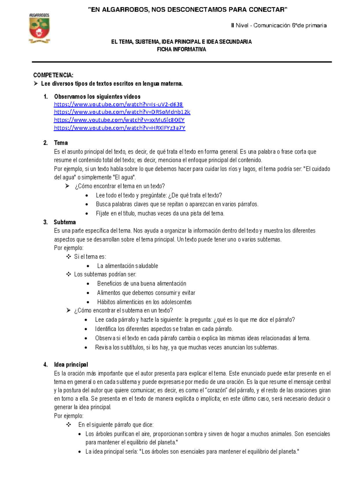 Ficha Informativa: Tema, Subtemas, Ideas Principales y Secundarias - 6° de - Document Preview