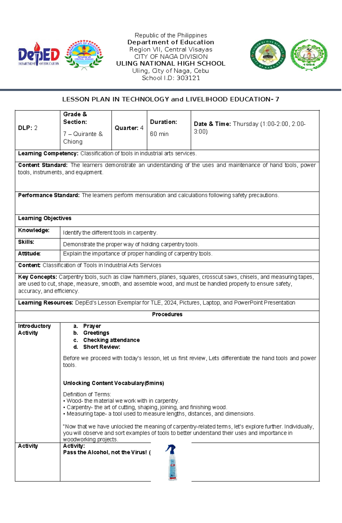 TLE 7 Lesson Plan: Classification of Carpentry Tools (DLP) - Studocu