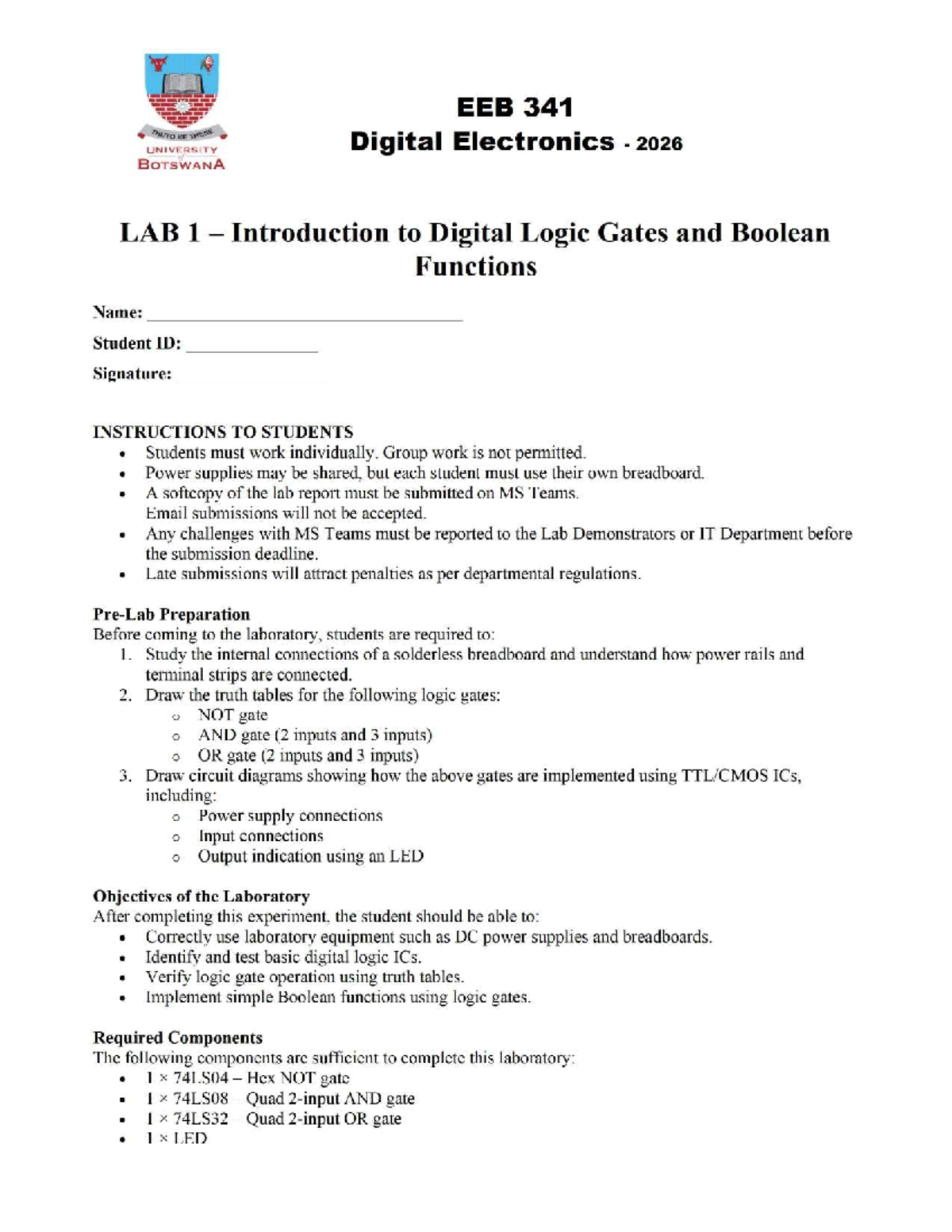 EEB 341 - LAB 1: Introduction to Digital Logic Gates & Boolean ...