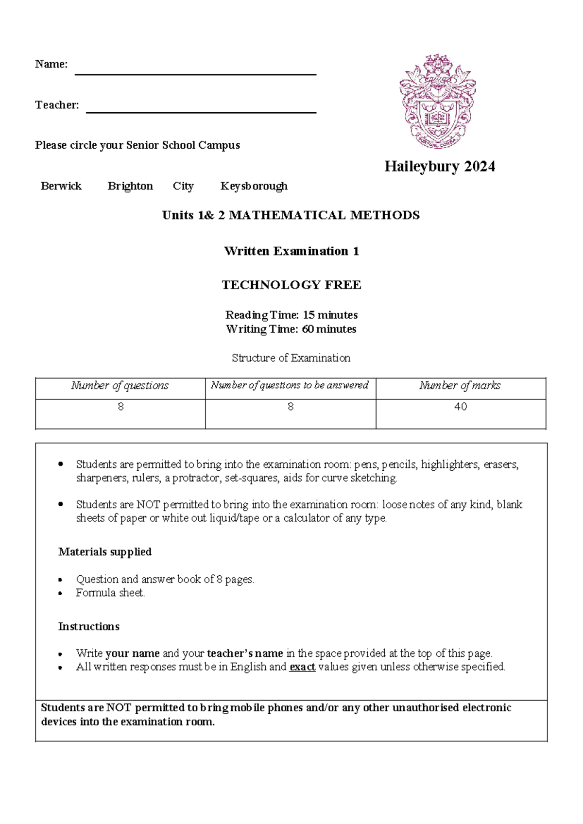 MM Units 2 Mathematical Methods 2024 Exam 1 Technology Free - Studocu