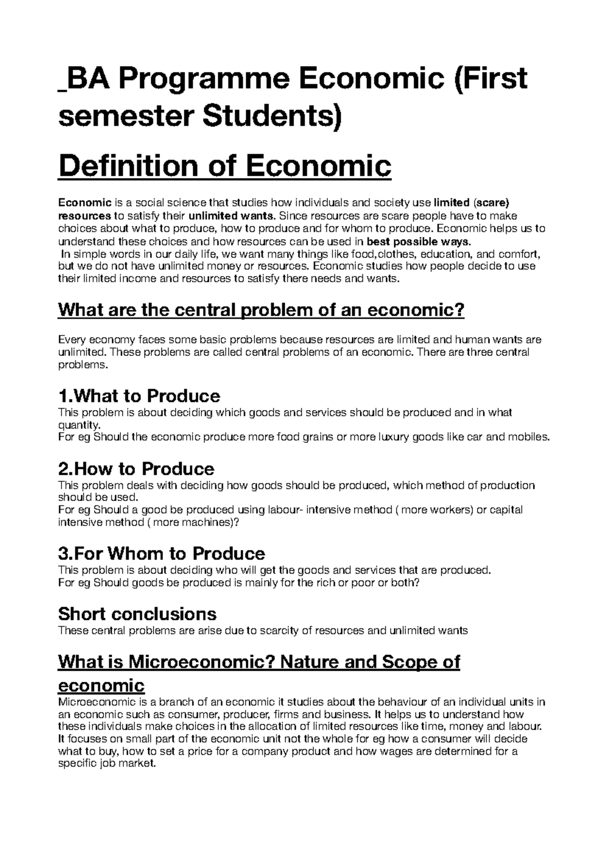 BA Programme Economic (1st Sem) Overview of Economic Principles - Studocu