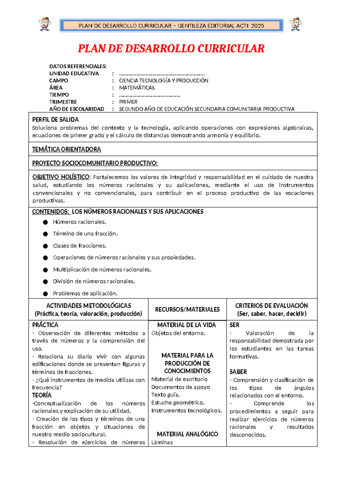 PLAN DE DESARROLLO CURRICULAR MATEMÁTICAS 2DO AÑO SECUNDARIA ACTI 2025 ...
