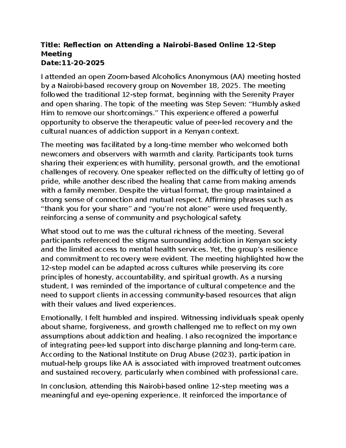 AA Online Meeting Reflection: Insights on Recovery and Culture - Studocu
