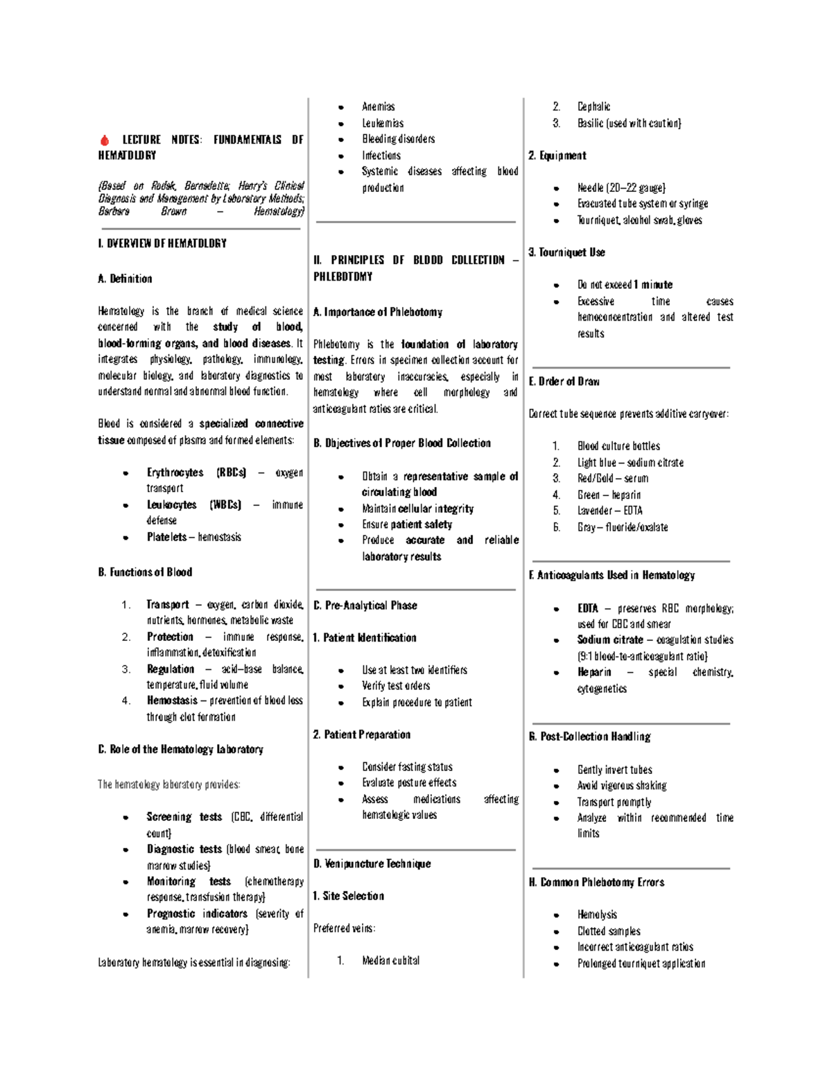LECTURE NOTES: HEMA 1 - FUNDAMENTALS OF HEMATOLOGY OVERVIEW - Studocu