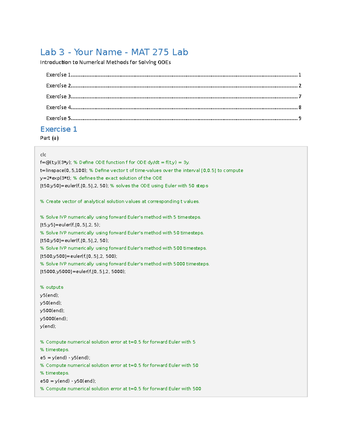 Lab3 - for matlab - Lab 3 - Your Name - MAT 275 Lab Introduction to ...