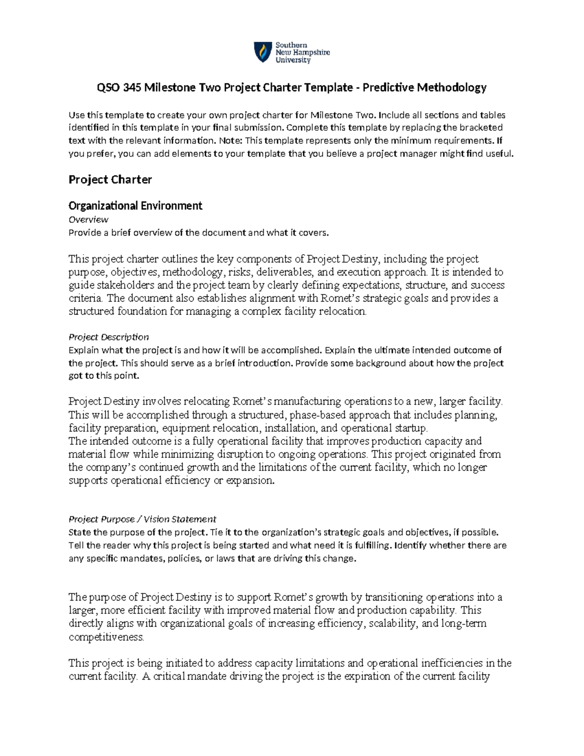 QSO 345 Milestone 2 Project Charter Template for Predictive Methodology ...